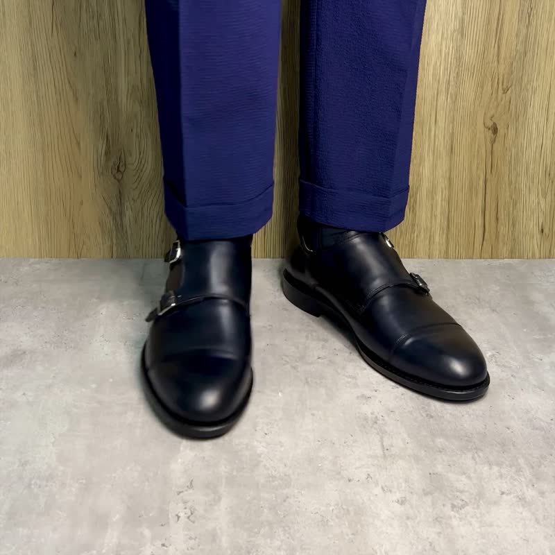 หนังแท้ รองเท้าบูธผู้ชาย สีดำ - Handmade Goodyear Welt Double Strap Monk Shoes Bespoke Customize