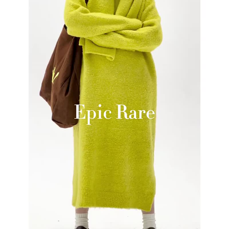 黃綠色 2色 慵懶慵懶溫柔圈圈紗毛衣洋裝 羊毛混紡寬鬆造型連身裙 - 洋裝/連身裙 - 羊毛 黃色
