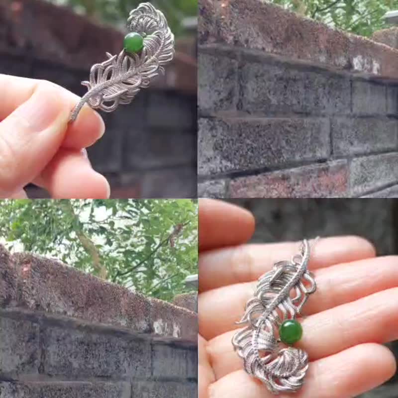 台灣玉羽毛胸針項鍊 | 925銀兩用飾品・2WAY可轉換設計・氣質禮物 - 心口針/胸針 - 玉石 綠色