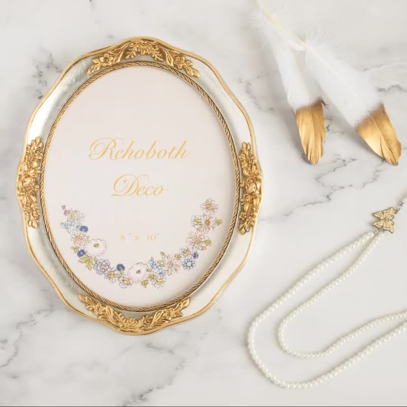 Handcrafted 8x10 Oval Picture Frame, Gilding, Floral Appliqué, Silver/Gold - Picture Frames - Wood Silver
