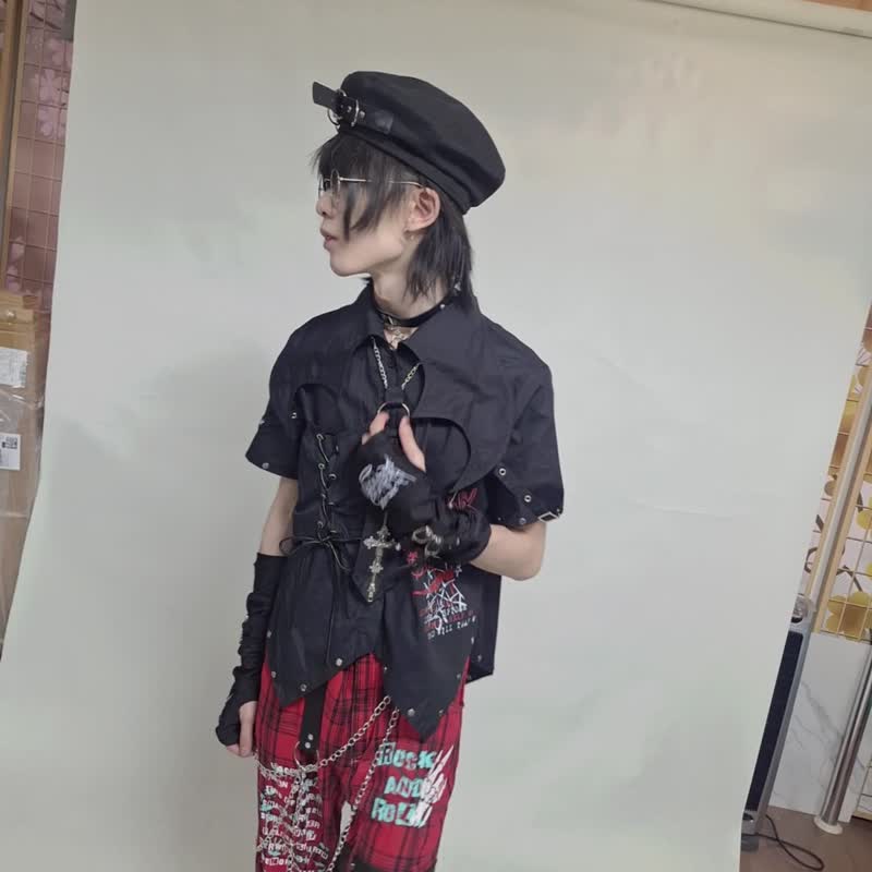 原創龐克惡魔信使蝙蝠領綁帶鉚釘項鍊領帶燕尾短袖襯衫【JJ2528 - 女襯衫 - 聚酯纖維 