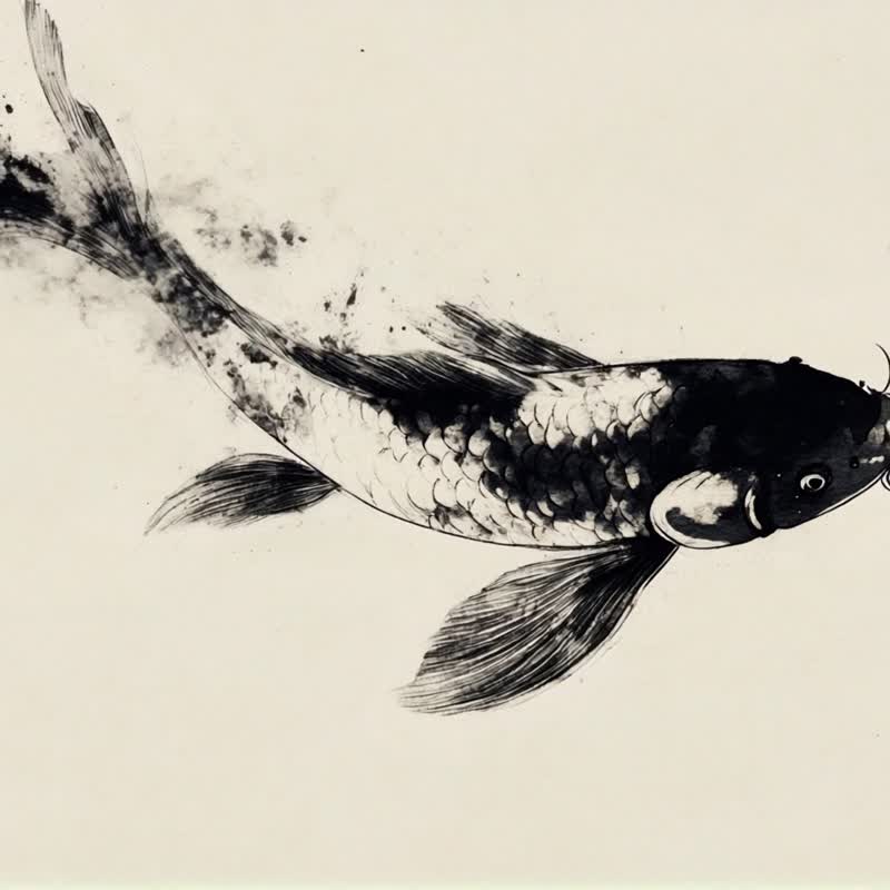 Mo Yun Youyu 2 Oriental ink black and white carp artistic conception living room study decoration Zen art giclee hanging painting - Posters - Cotton & Hemp 