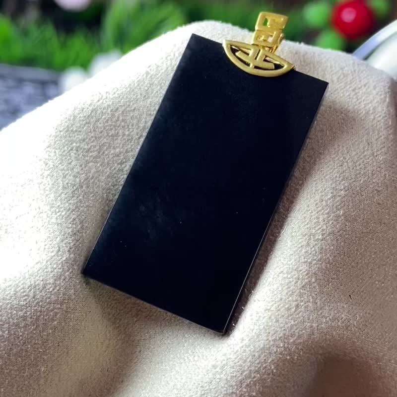 Ice jade natural jade Burmese A jade necklace • 18K gold black Wushi brand jade pendant - Necklaces - Jade Black