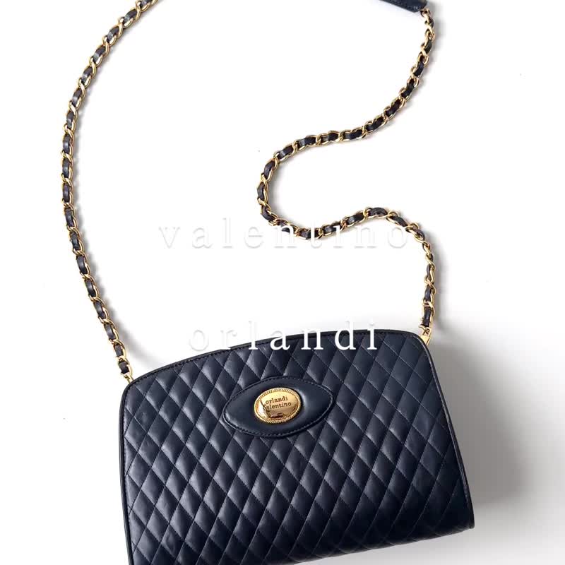 valentino orlandi黑色真皮絎鏠口金鏈包G30 vintage - 側背包/斜背包 - 真皮 黑色