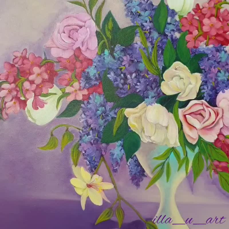 Flower Bouquet Painting Still Life Artwork Large Wall Art Canvas Oil Painting - โปสเตอร์ - ผ้าฝ้าย/ผ้าลินิน หลากหลายสี