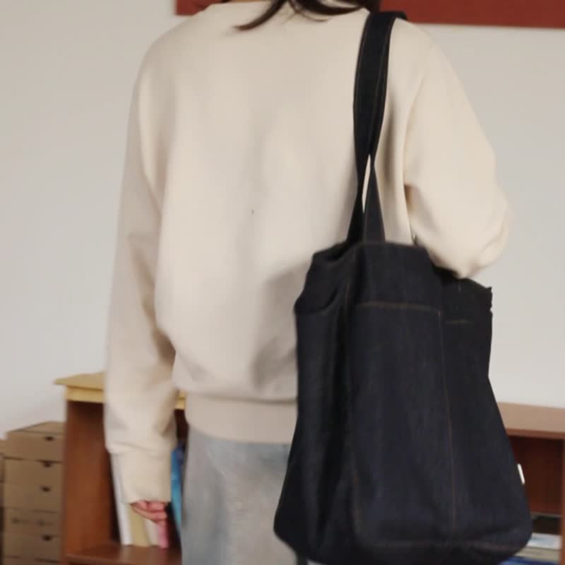 sobag Japanese commuter large-capacity canvas shoulder bag women's non-fading denim design sense niche tote bag - Messenger Bags & Sling Bags - Cotton & Hemp Blue