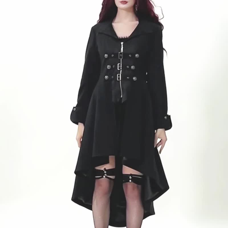 銀扣扣帶西裝領前短後長大衣軍裝蘿莉塔DARK IN LOVE台灣JW295 - 女大衣/外套 - 其他人造纖維 