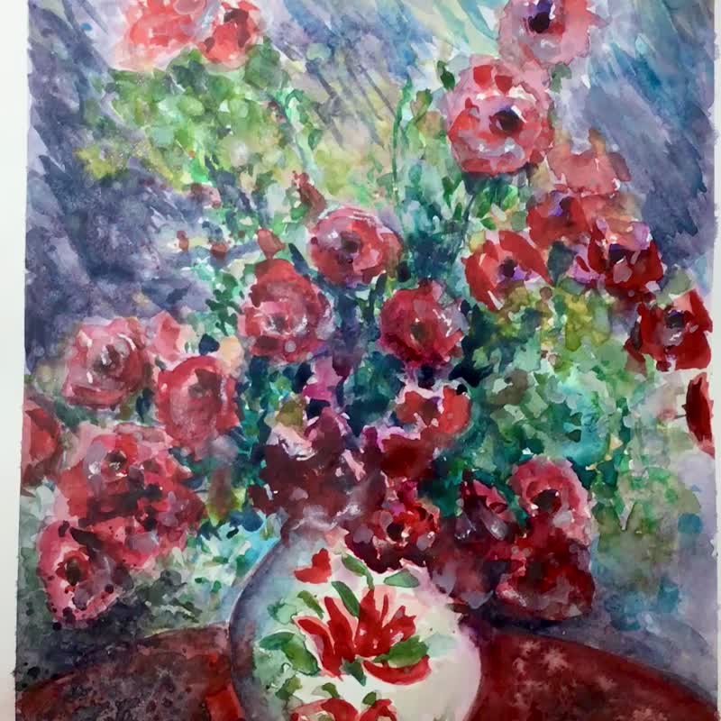 Red flowers in a vase original watercolor painting - ตกแต่งผนัง - กระดาษ สีแดง