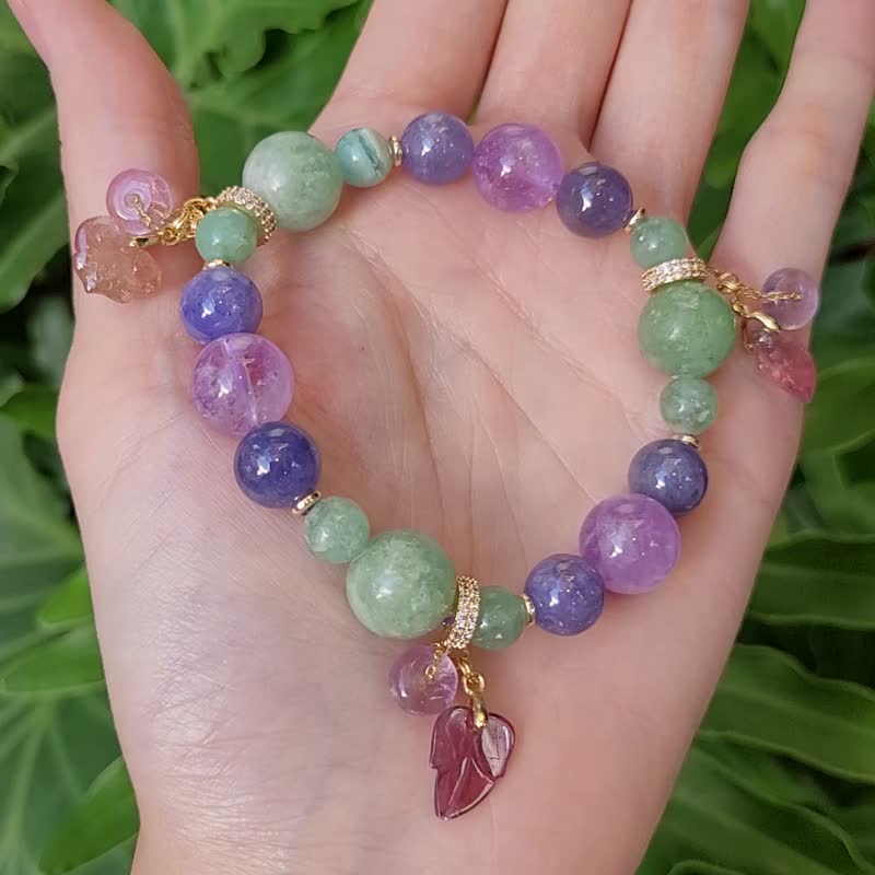 綠紋石 碧璽 丹泉石 紫水晶 古錢 葉 如意 智慧 手鍊 單品 禮物 - 手鍊/手環 - 寶石 紫色