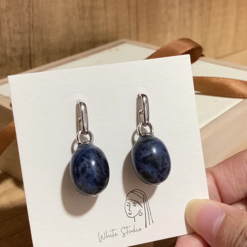 【中性帥氣】橢圓藍紋石 純銀耳環 (銀/金) 天然水晶 全925純銀 - 耳環/耳夾/耳骨夾 - 純銀 藍色