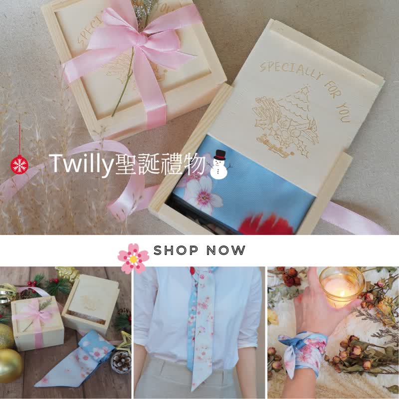 StephyDesignHK Sakura Twilly Scarf with Scarf Ring Gift Box / Neck Tie  Scarf /Handbag Scarf