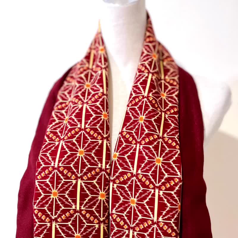 Purely handmade classical geometric ornate hemp leaf pattern orange polka dot burgundy wool scarf and shawl - ผ้าพันคอถัก - ขนแกะ สีแดง