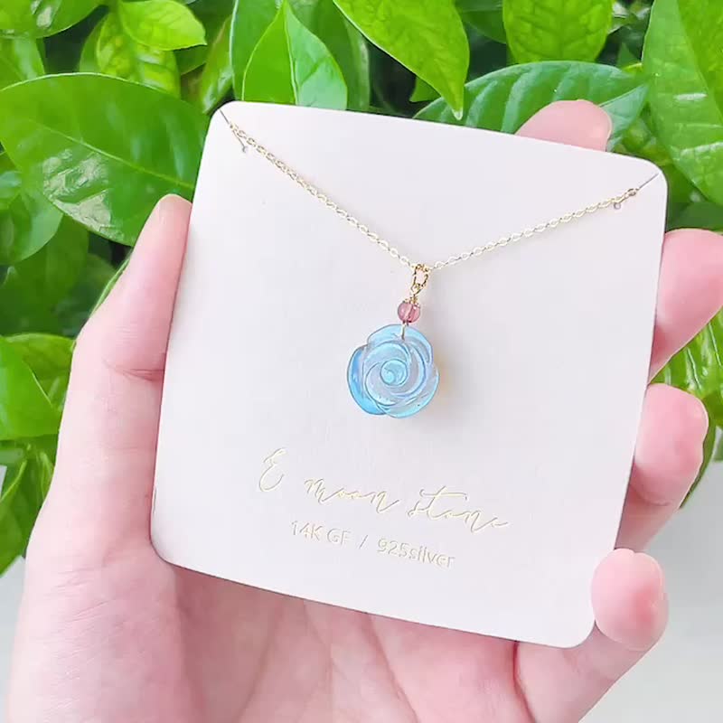 Blue light rose labradorite full face blue halo natural stone clavicle chain 14K - สร้อยคอ - คริสตัล สีน้ำเงิน