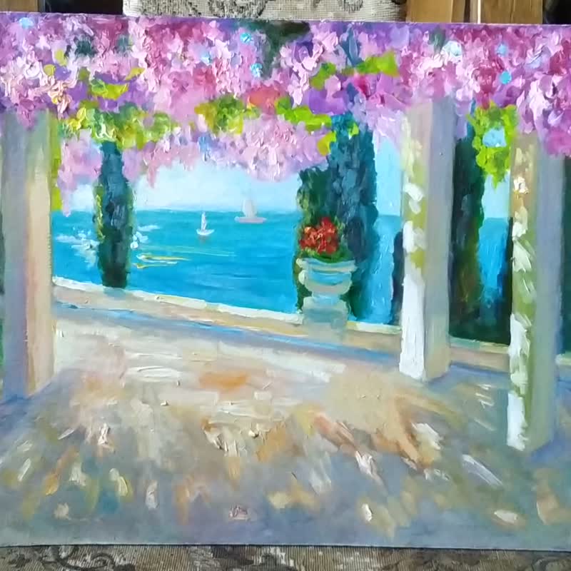 Blooming trees Painting Seascape Original Art Scenery Landscape Artwork - โปสเตอร์ - วัสดุอื่นๆ หลากหลายสี