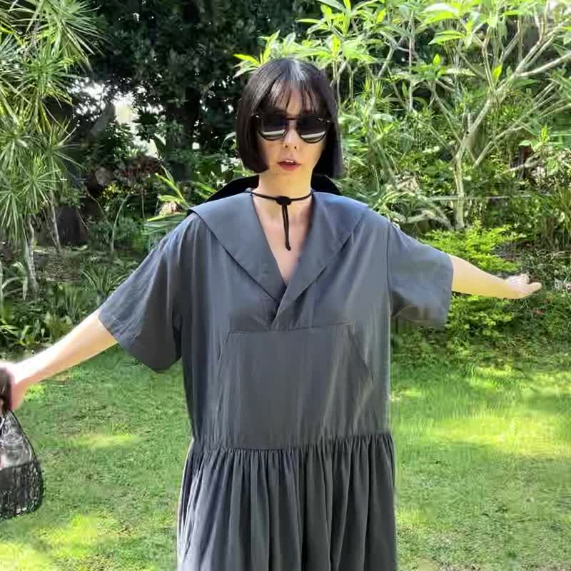 夏の水手領洋裝 灰藍 - 洋裝/連身裙 - 尼龍 藍色
