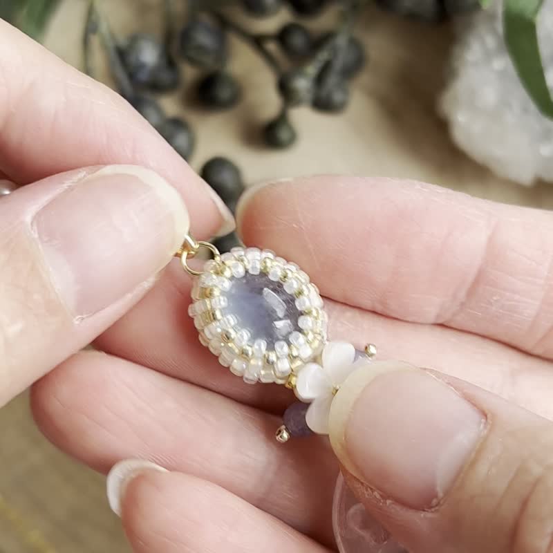 海藍寶 雕刻白水晶 貝母 串珠吊墜 配寶石繞製鏈 - 項鍊 - 水晶 藍色