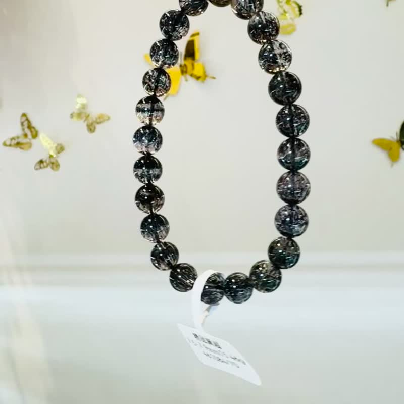 天然精品煙花黑超七7.5-7.9mm15.46g黑加侖透體多礦閃片高頻率磁 - 手鍊/手環 - 水晶 黑色