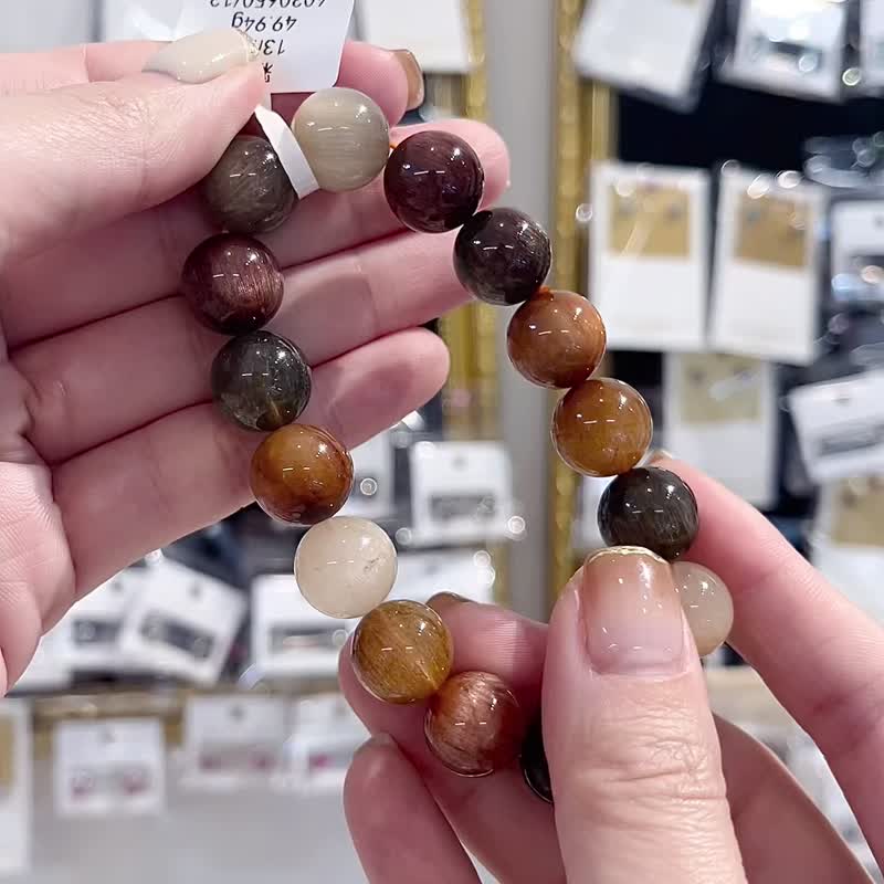 收藏高彩貓眼大地色系滿毛兔毛水晶13mm49.94g淨化磁場療癒能力 - 手鍊/手環 - 水晶 多色