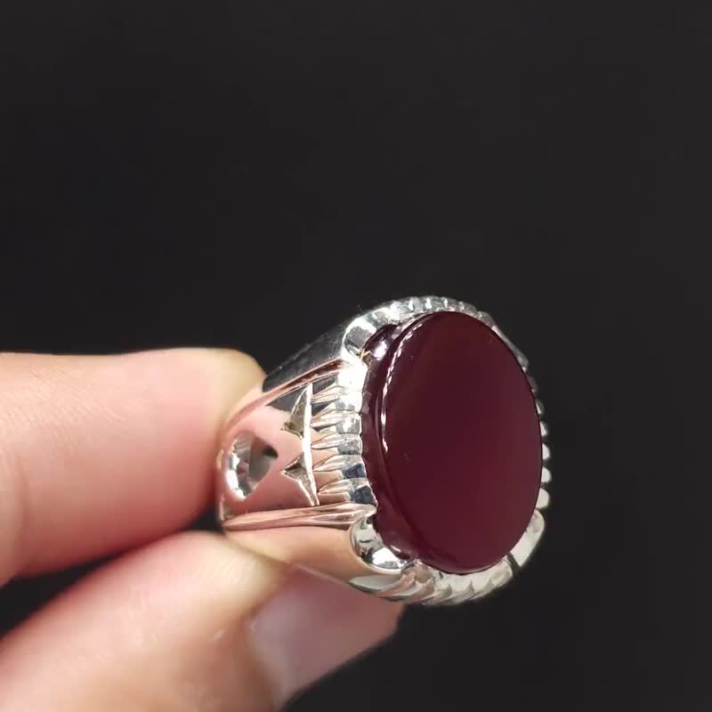 Men's Red Agate Ring | 925 Sterling Silver Handmade Aqeeq Ring Natural red kabad - 戒指 - 寶石 紅色