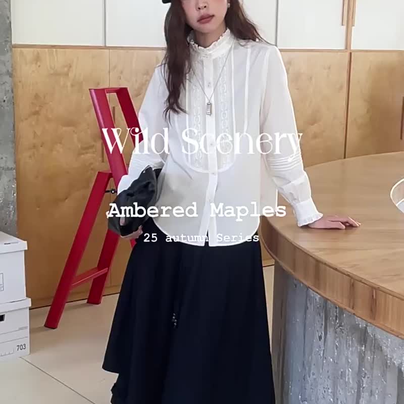 雲霧白色 秋日何時來 法式文藝木耳邊長袖襯衫疊搭襯衣 - 女襯衫 - 棉．麻 白色