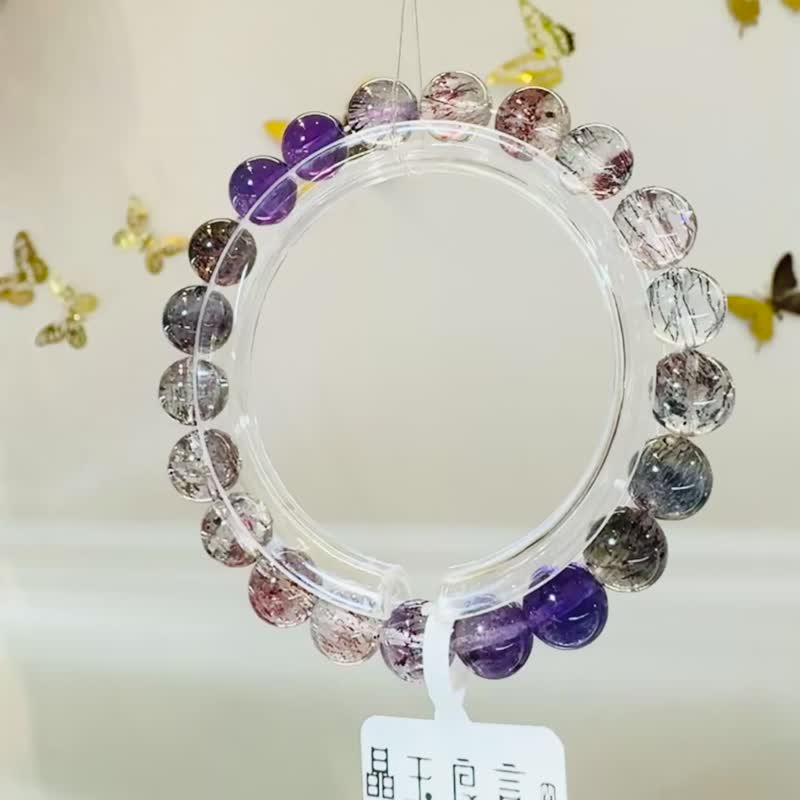 天然多礦彩超七水晶9mm21.81g大珠帶彼岸花三輪骨幹水晶 - 手鍊/手環 - 水晶 多色