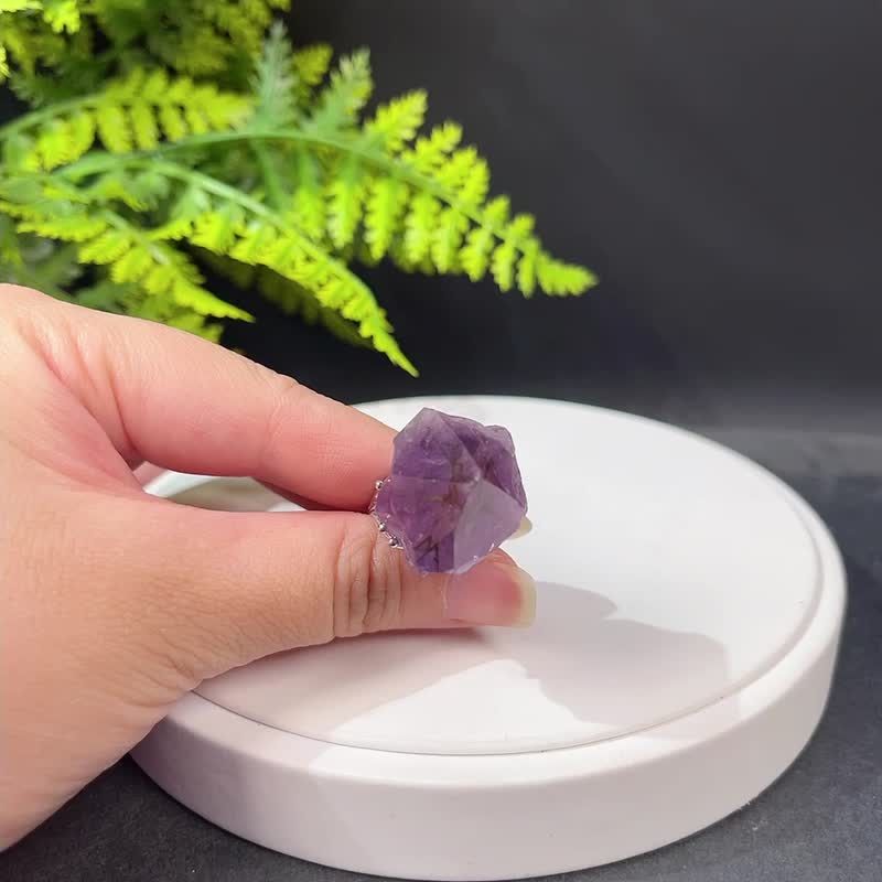紫水晶活口戒指 隨形晶柱紫色水晶原石標本礦物手工指環 S925銀 - 戒指 - 水晶 紫色