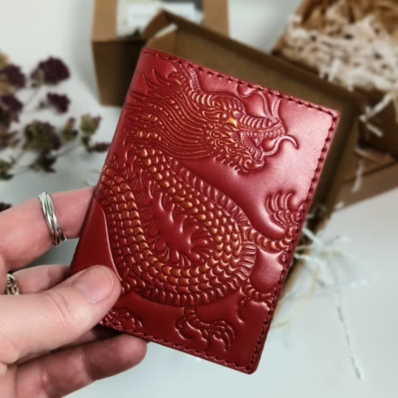 Leather Card Holder Red Dragon, Card Wallet for Women for Men - Card Holders & Cases - Genuine Leather Red