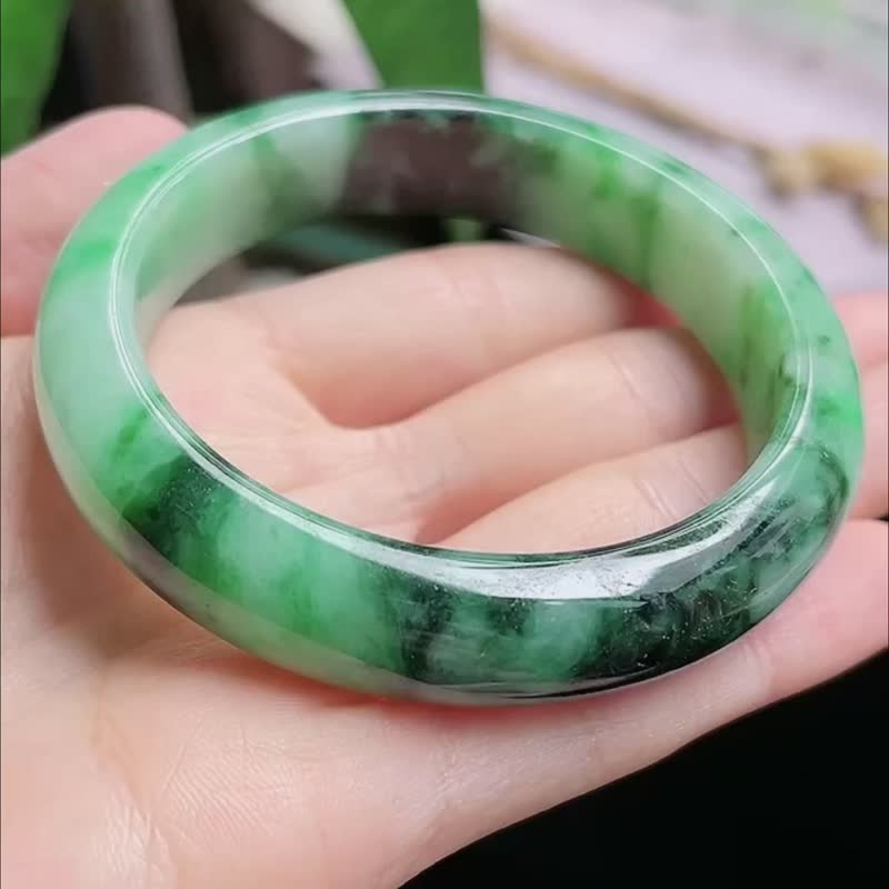冰種 天然翡翠 緬甸 A玉 玉鐲 • 糯冰種花青翡翠福鐲 - 手鍊/手環 - 玉石 綠色