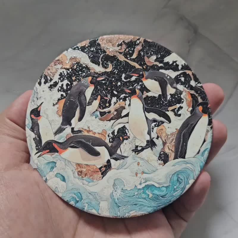 penguins party- Ceramic Coaster - Coasters - Pottery White