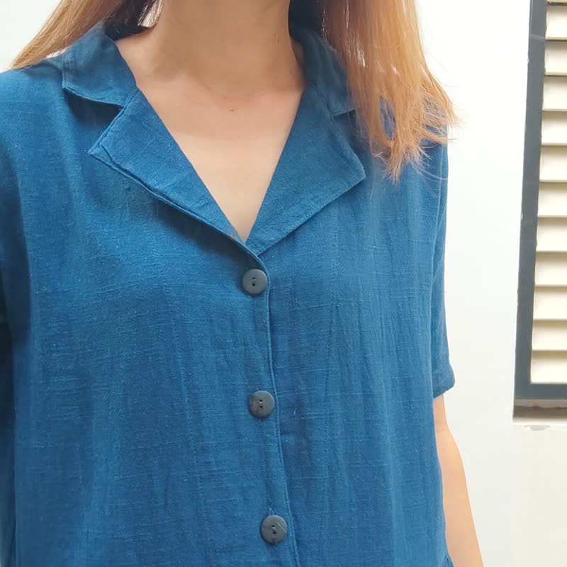 Indigo Dress - 紮染棉質夏威夷領連身裙 - 洋裝/連身裙 - 棉．麻 藍色