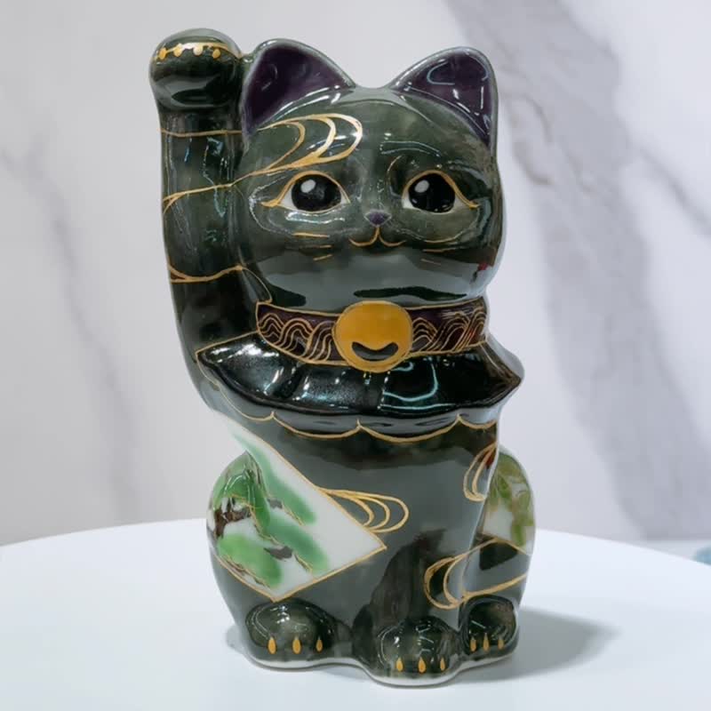 【松梅招福】日本清水燒招財貓 | 色繪 - 松竹梅 - 擺飾/家飾品 - 瓷 綠色