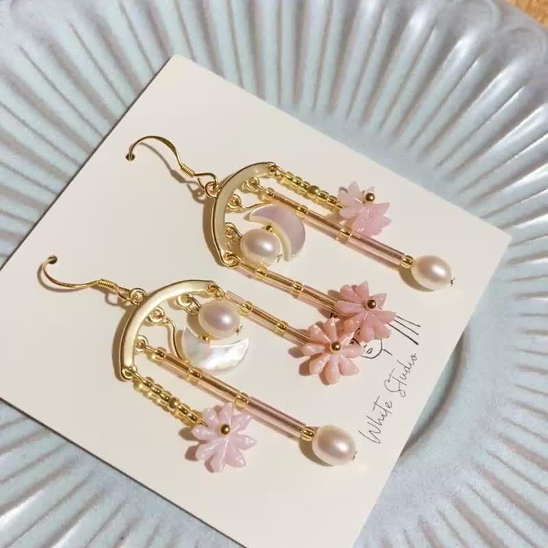 Sweet Dream - Tassels Earrings with Freshwater Pearls/Mother of Pearls - Earrings & Clip-ons - Shell Pink