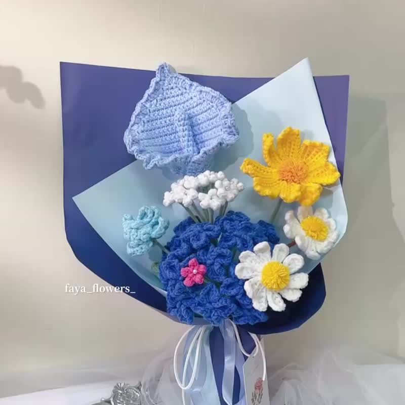 Libra's exclusive birthday bouquet woven flowers crocheted flowers knitted flowers birthday bouquet Chinese Valentine's Day - Dried Flowers & Bouquets - Cotton & Hemp Blue