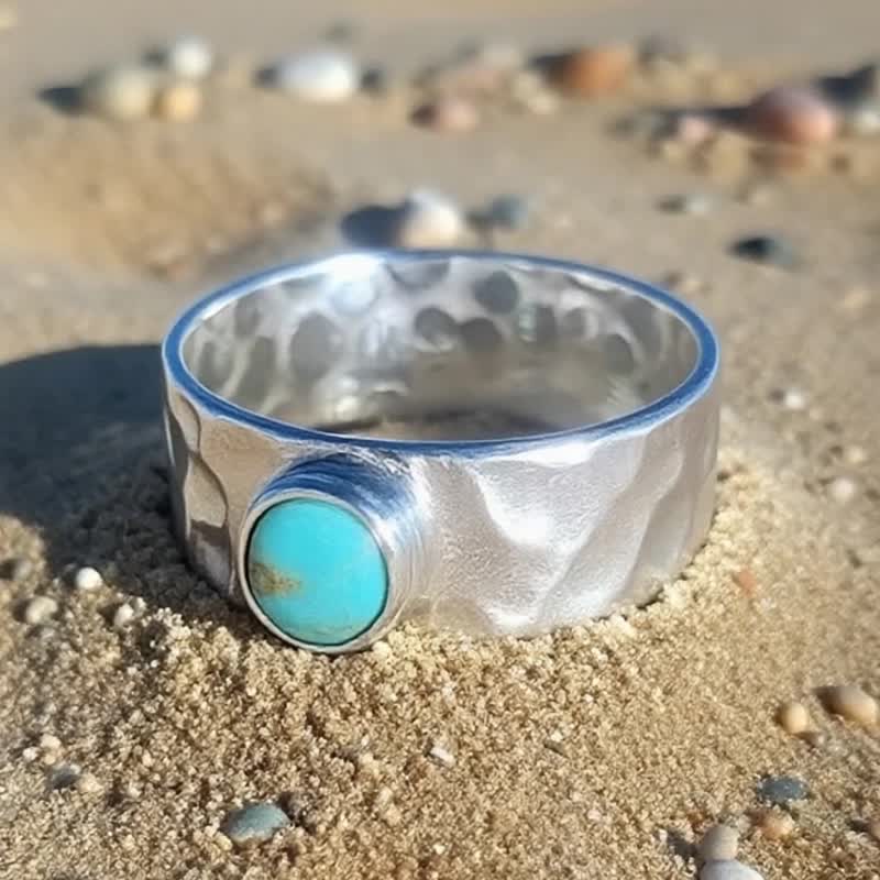 【Captain Flint手作銀飾】蒼嶼之石 天然綠松石坑洞質感純銀戒指 - 戒指 - 寶石 綠色