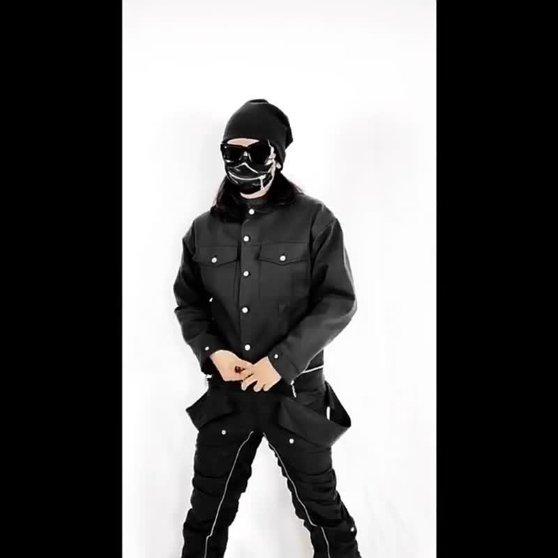 美式復古 原創小眾暗黑潮流拉鏈修身 機車牛仔夾克 - 男夾克/外套 - 其他材質 黑色