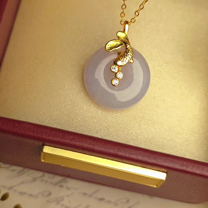 招財•貴人•圓滿•平安|紫平安扣|緬甸A貨翡翠純銀錦鯉吊墜 - 項鍊 - 玉石 