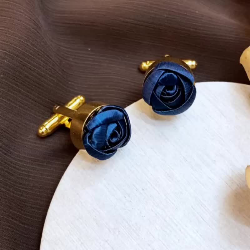 【Re-Re】 Silk Flora - Little Prince Middle Roses Cufflinks 18K - Dark Blue - Cuff Links - Silk Blue