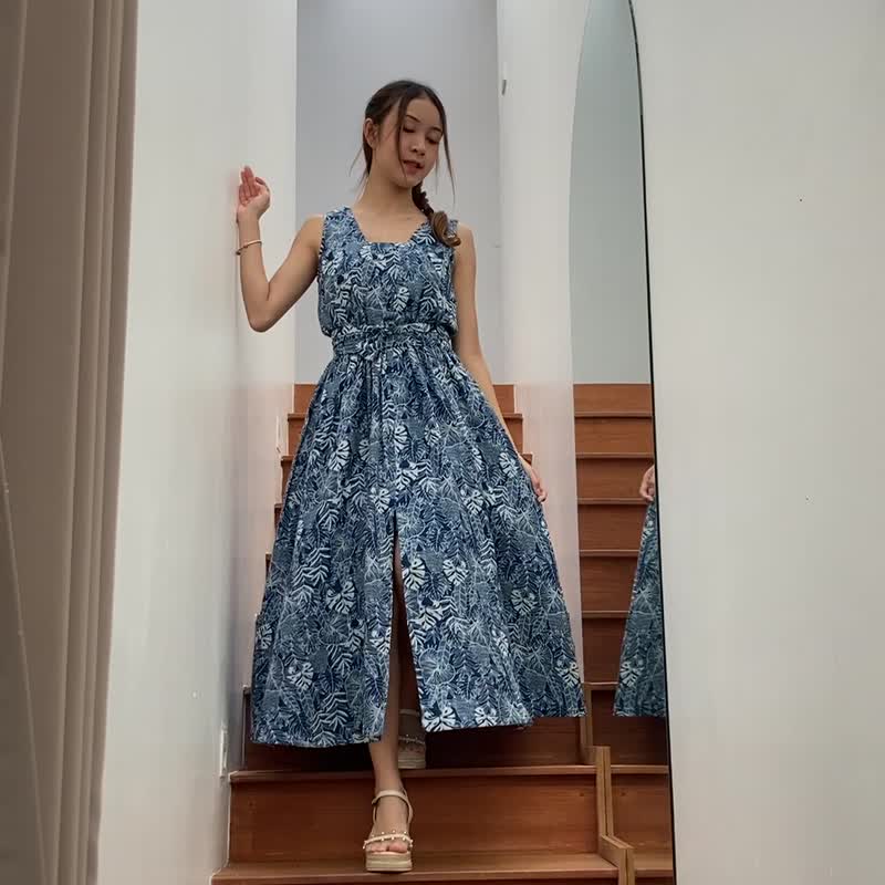Cotton Maxi Dress Tie Waist Summer Dress Beach Dress-Blue White and White floral - 洋裝/連身裙 - 棉．麻 藍色