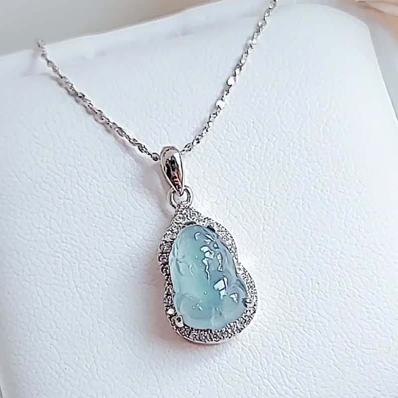 |Lucky beast|A-grade jadeite ice glass light clear blue glue big Pixiu 11.4mm sterling silver plated 18k pendant - Necklaces - Jade 