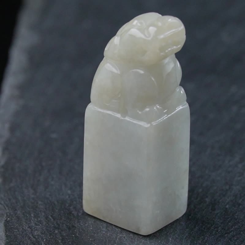 【招財神獸】淡黃翡翠貔貅玉印章 | 天然緬甸玉翡翠A貨 | 送禮 - 印章/印台 - 玉石 綠色