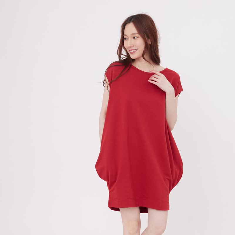 法國小毛圈弧形口袋洋裝/楓紅 - 連身裙 - 棉．麻 紅色