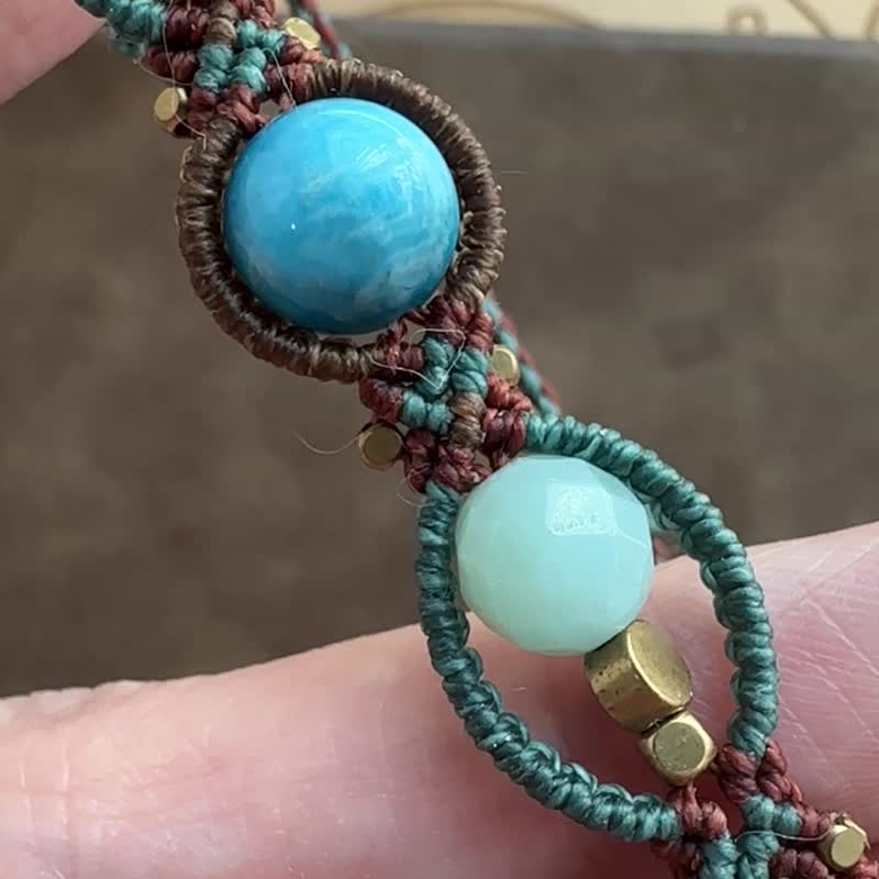 BB48 ethnic style Wax thread woven Stone amazonite bracelet (adjustable length) - สร้อยข้อมือ - เครื่องเพชรพลอย สีนำ้ตาล