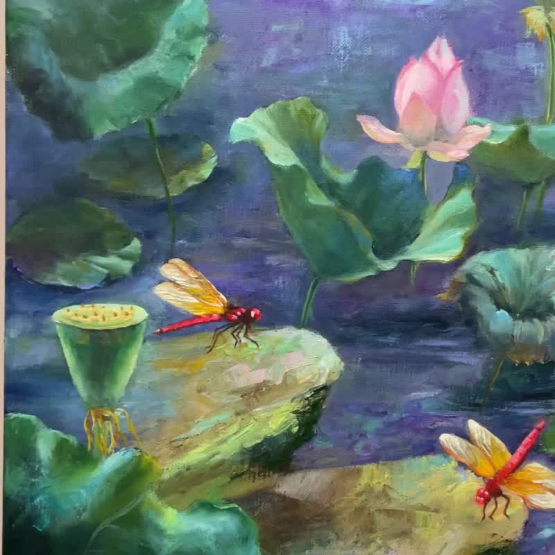 Original hand-painted oil painting - lotus night dream - โปสเตอร์ - ผ้าฝ้าย/ผ้าลินิน 