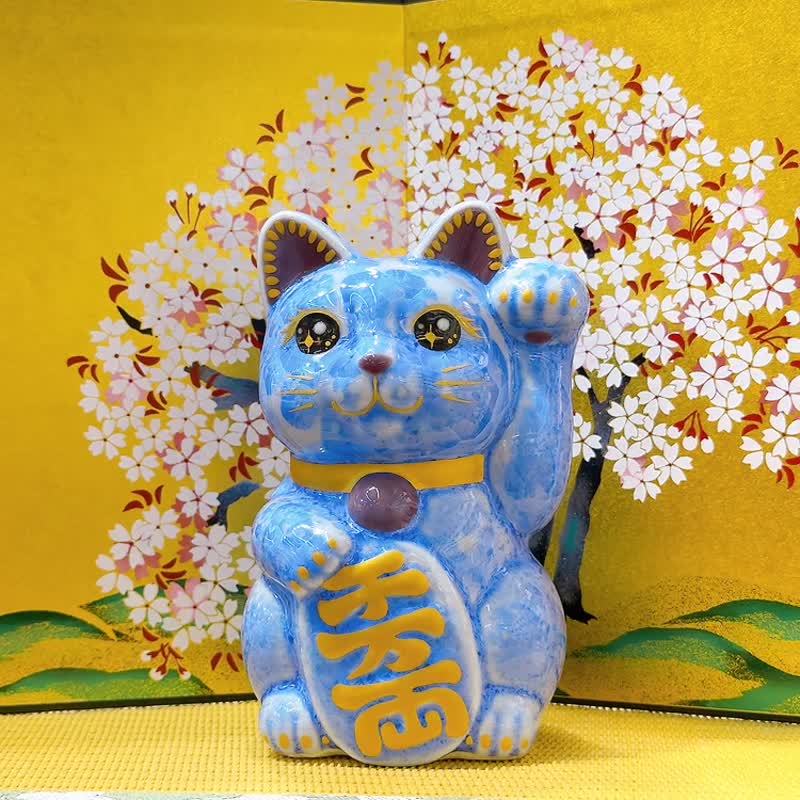 【青晶聚福】日本清水燒招財貓 | 花結晶 青 - 千万両 左 - 擺飾/家飾品 - 瓷 藍色