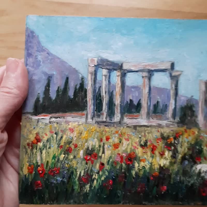古科林斯原創油畫：阿波羅神殿，紅色罌粟花風景畫 - 牆貼/牆身裝飾 - 紙 