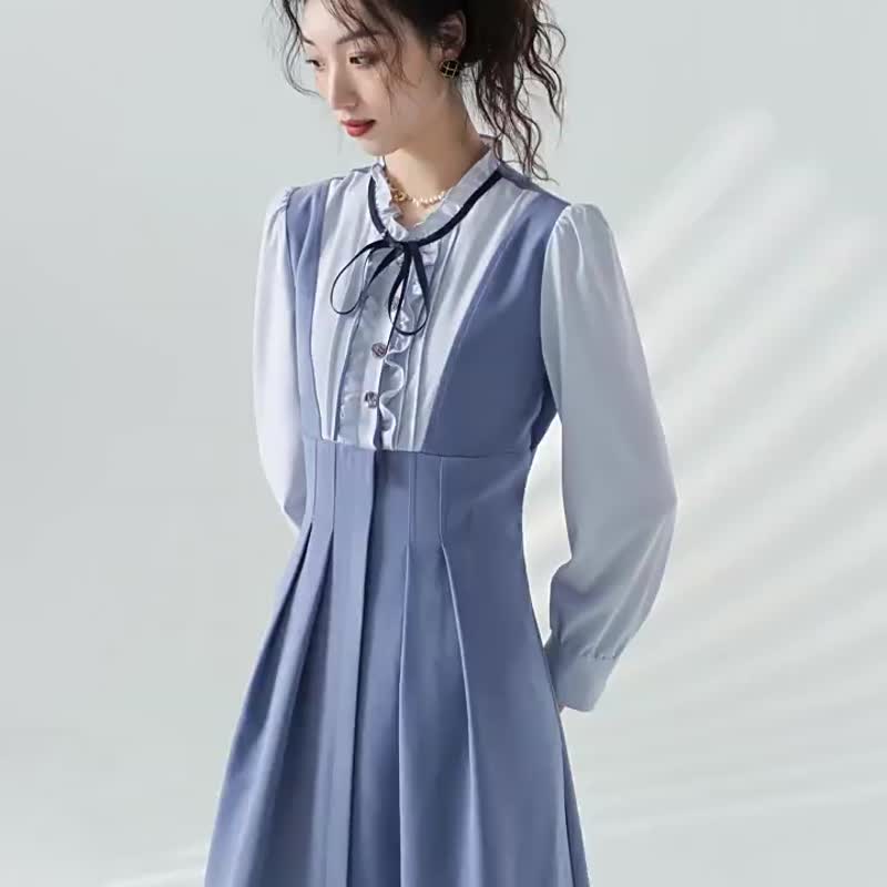 秋季【藍夢】新中式蝴蝶結連衣裙 少女法式復古藍色洋裝 - 洋裝/連身裙 - 其他材質 藍色