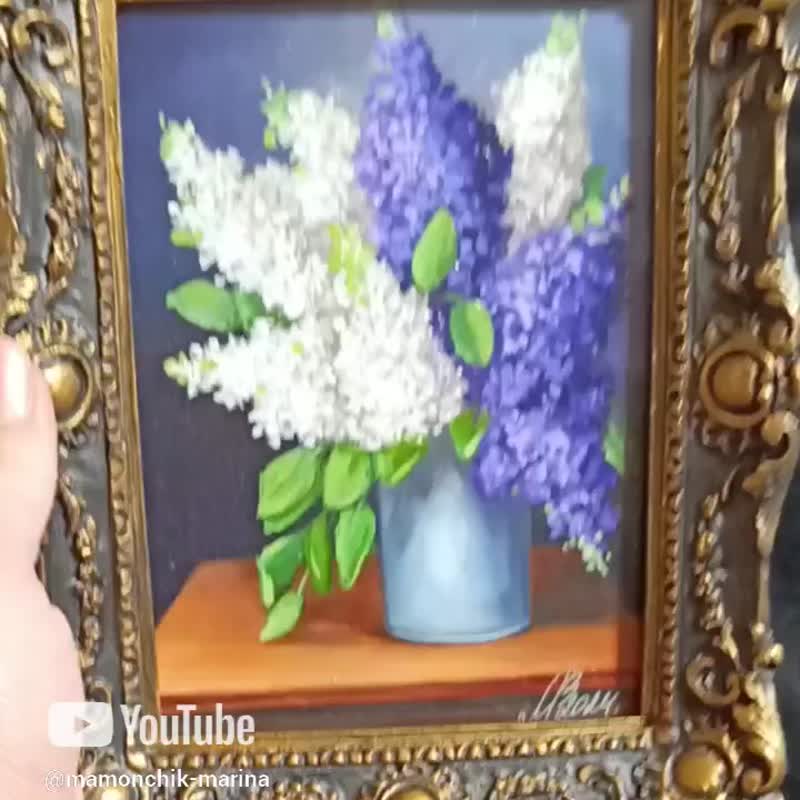 The Lilac painting. It is sold in a frame. Floral still life. Handmade work. - โปสเตอร์ - กระดาษ สีน้ำเงิน