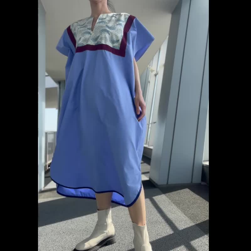 一点モノ ゆったりシルエット 青空の似合う レトロフレンチな大人のスモッグワンピース - 洋裝/連身裙 - 棉．麻 藍色