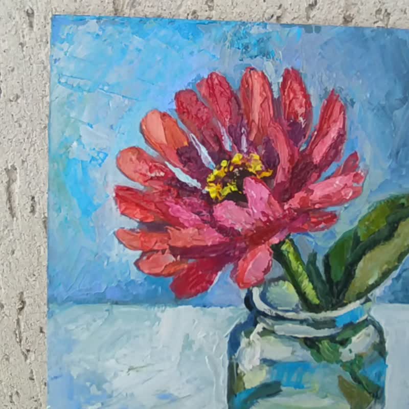 Zinnia Painting Original Art Floral Oil Red Flower Still Life with Zinnia - 海報/掛畫/掛布 - 其他材質 紅色
