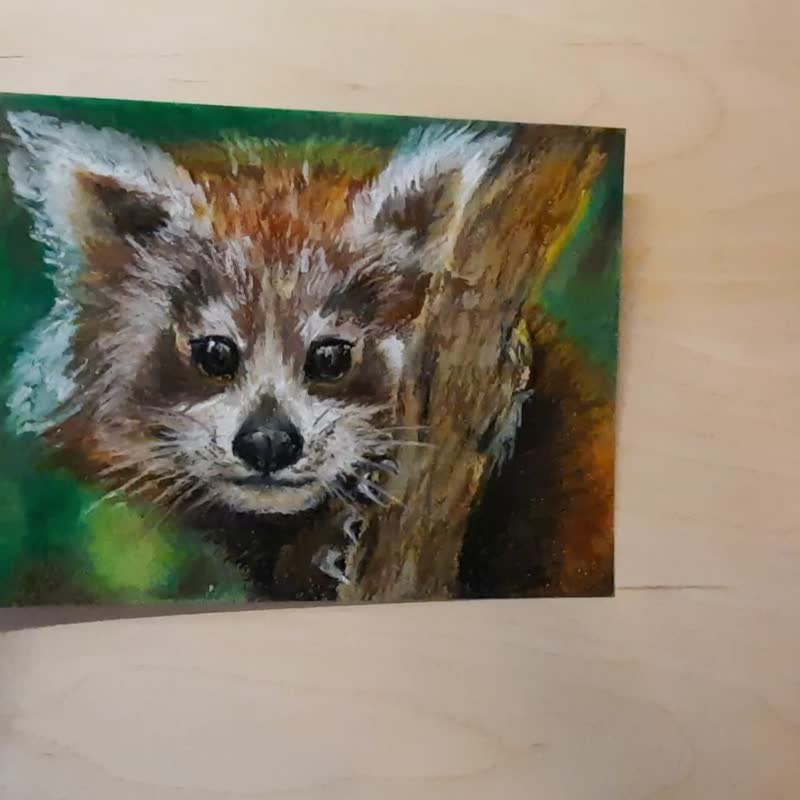 Red Panda painting Animal painting Original painting Oil pastel painting - 海報/掛畫/掛布 - 紙 多色